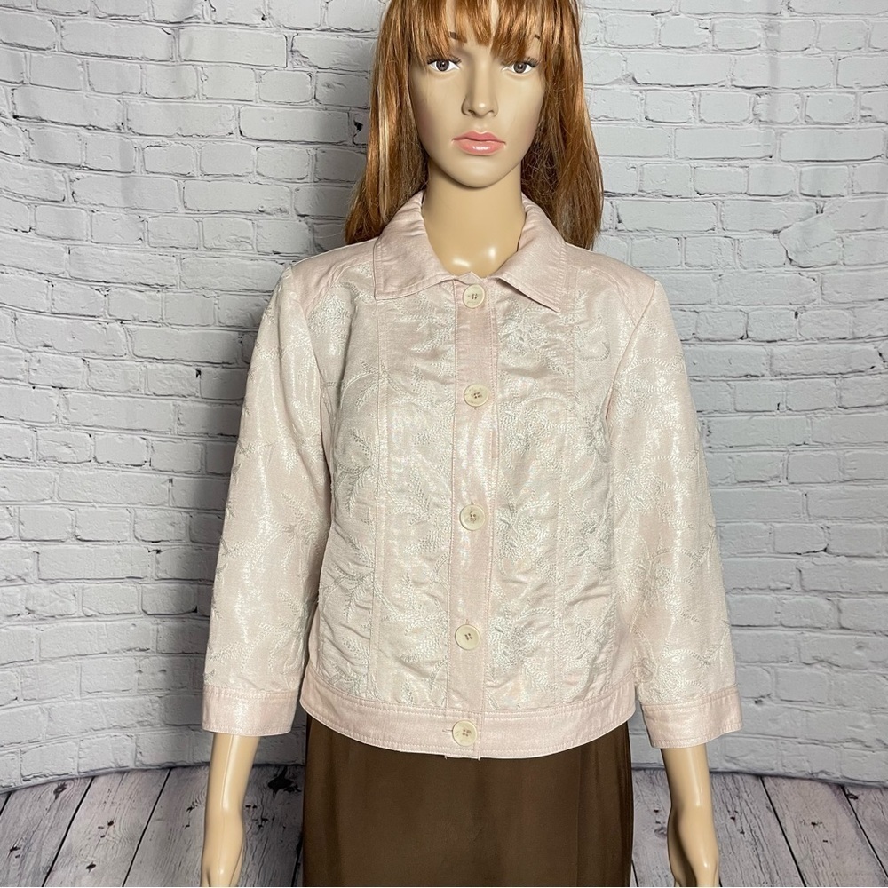 New Chico's Linen Foil Embroidered Jeans Pink Jacket Size 0 US S